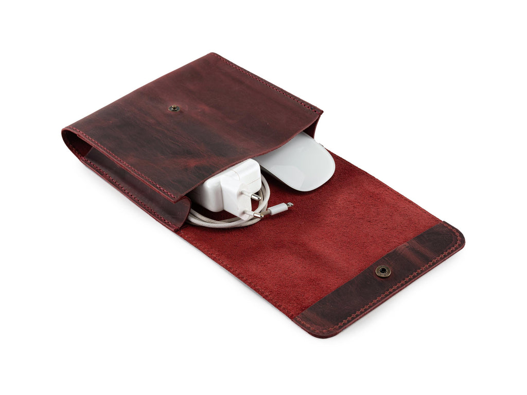 Leather Laptop Charger Organizer: Handmade Distressed Laptop Cable & Mouse Storage Case
