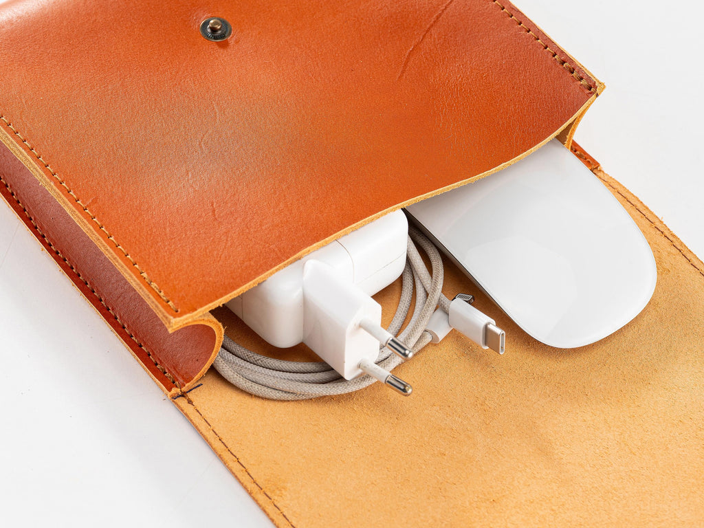 Handmade Vegetable Tanned Leather Laptop Charger Organizer: Luxury Travel Case