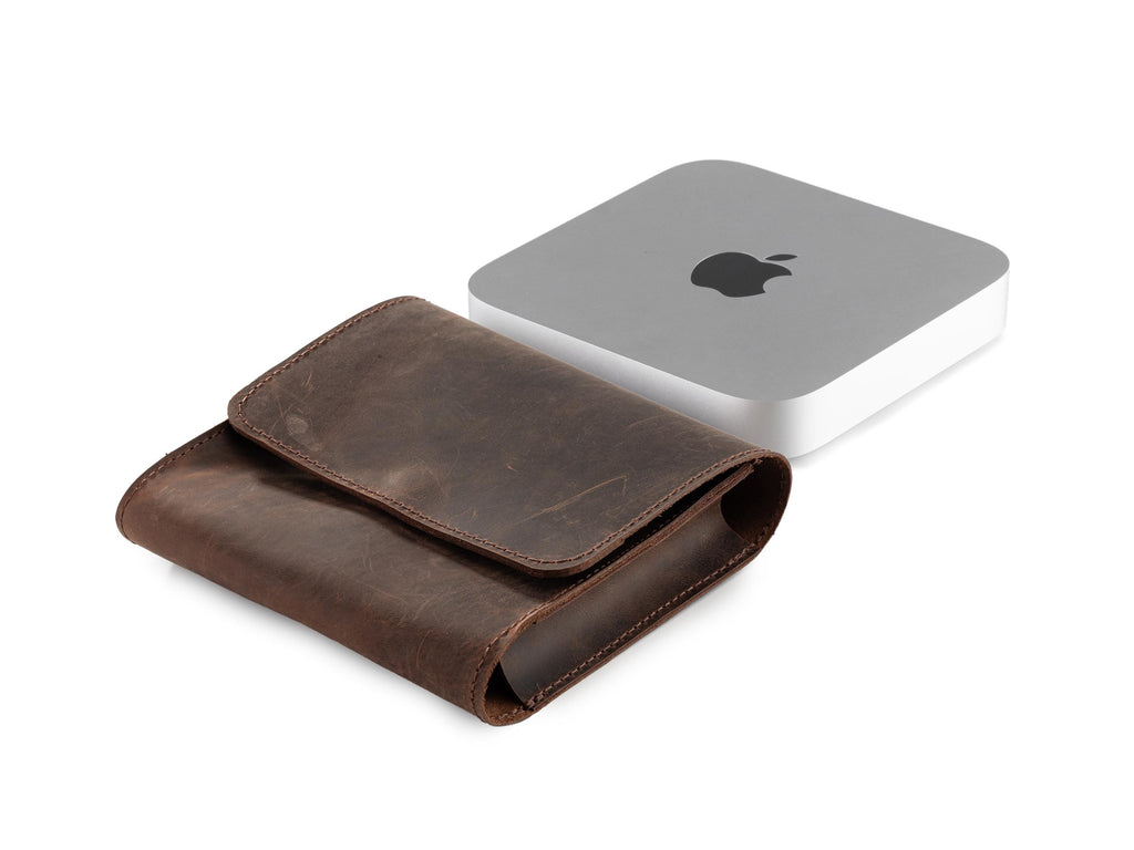 Handmade Leather Mac Mini Case: Distressed Full Grain Cowhide Organizer