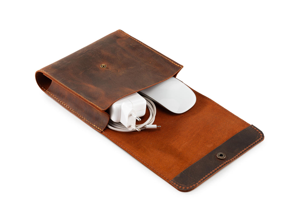 Leather Laptop Charger Organizer: Handmade Distressed Laptop Cable & Mouse Storage Case
