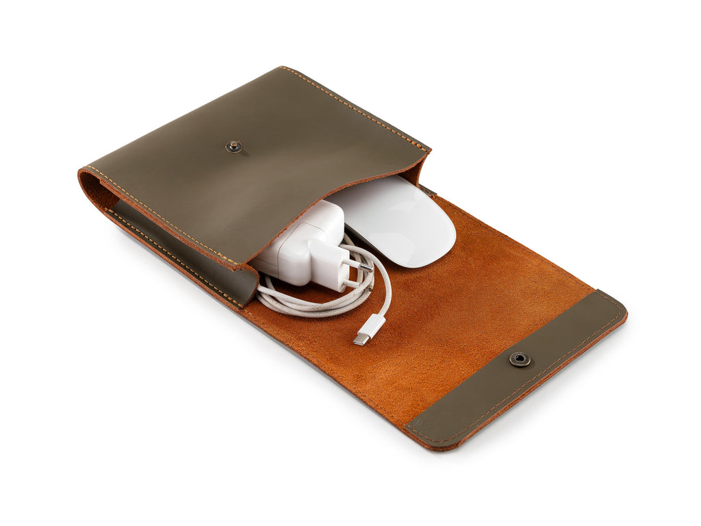 Leather Laptop Charger Organizer: Handmade MacBook Laptop Cable & Mouse Storage Case