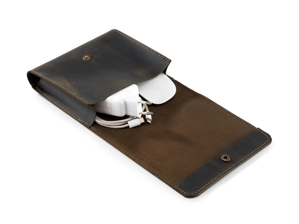 Leather Laptop Charger Organizer: Handmade Distressed Laptop Cable & Mouse Storage Case