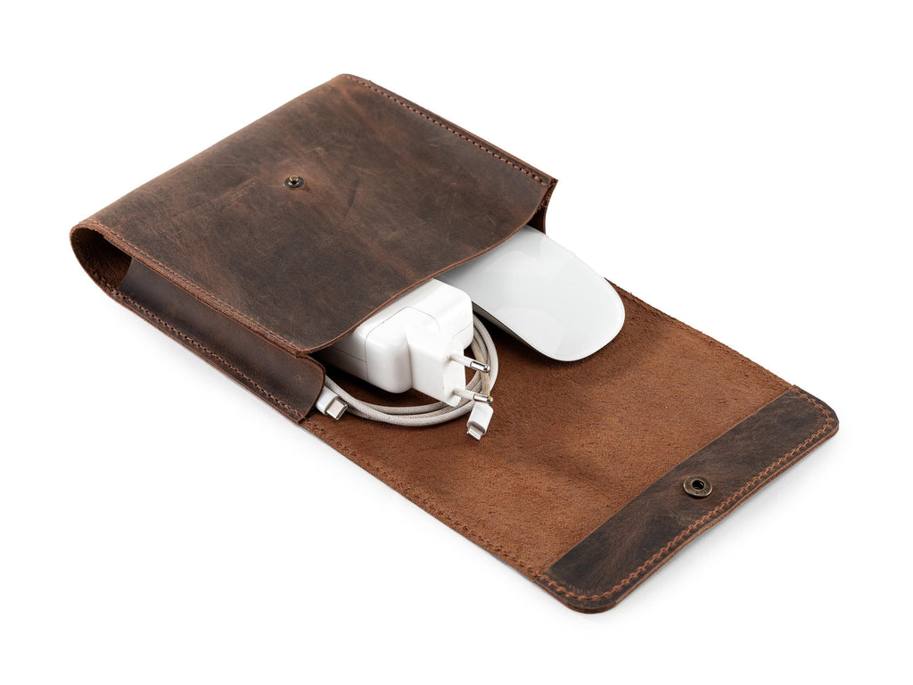 Leather Laptop Charger Organizer: Handmade Distressed Laptop Cable & Mouse Storage Case