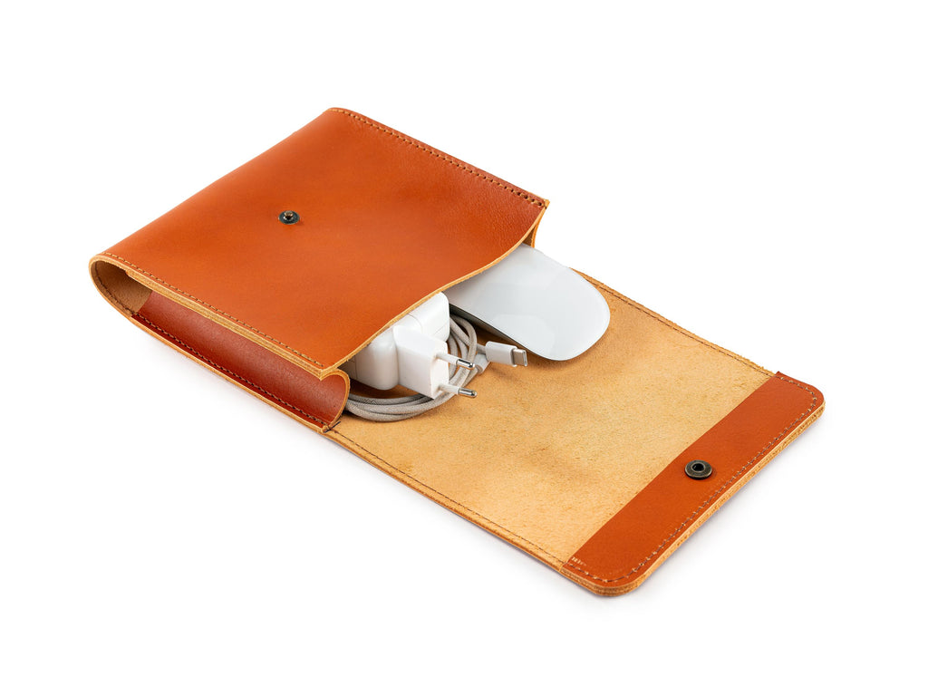 Handmade Vegetable Tanned Leather Laptop Charger Organizer: Luxury Travel Case