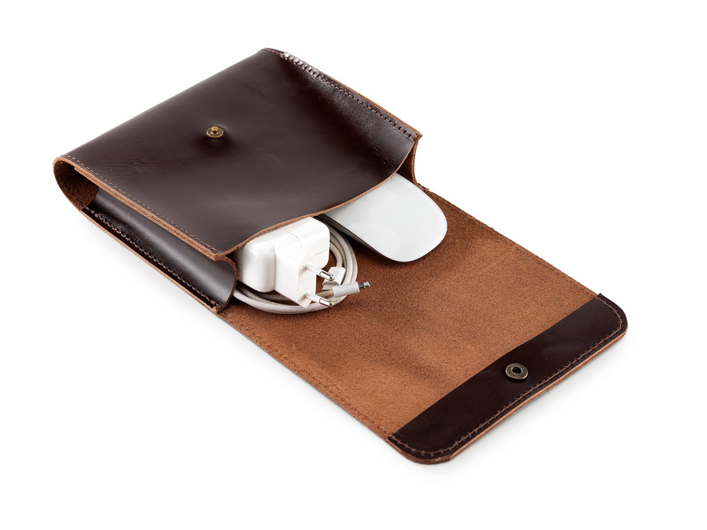 Premium 2.6 mm Vegetable Tanned Leather Laptop Charger Organizer, Handmade MacBook Cable & Mouse Case, Cable Bag for Laptop Accessories