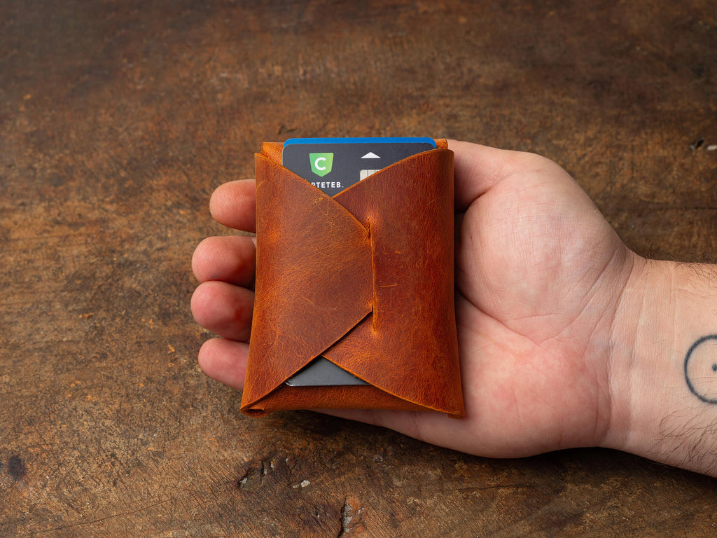 Camel Leather Mini Wallet: Handmade Minimalist Pocket Wallet For Cards and Cash