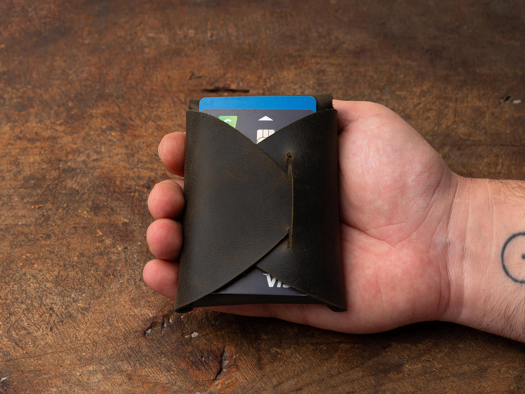 Olive Leather Mini Wallet: Handmade Minimalist Pocket Wallet For Cards and Cash
