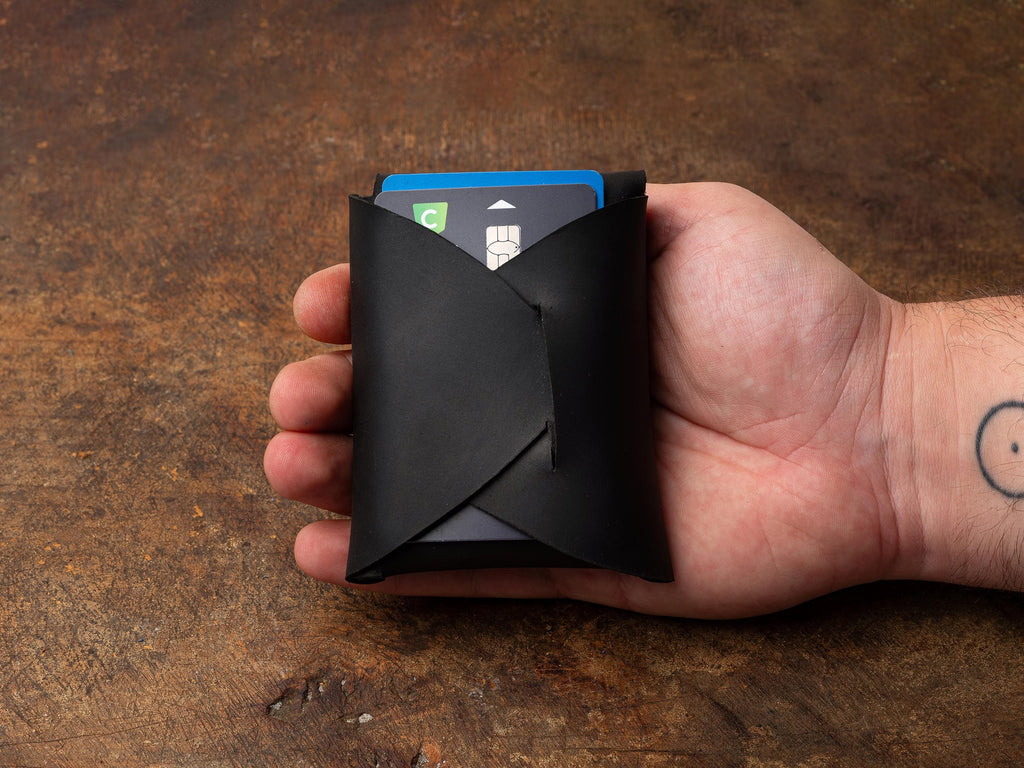 Black Leather Mini Wallet: Handmade Minimalist Pocket Wallet For Cards and Cash
