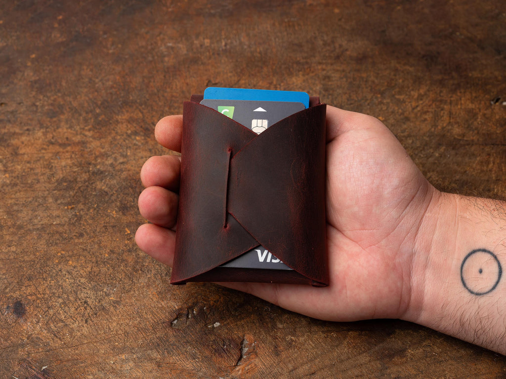 Burgundy Leather Mini Wallet: Handmade Minimalist Pocket Wallet For Cards and Cash