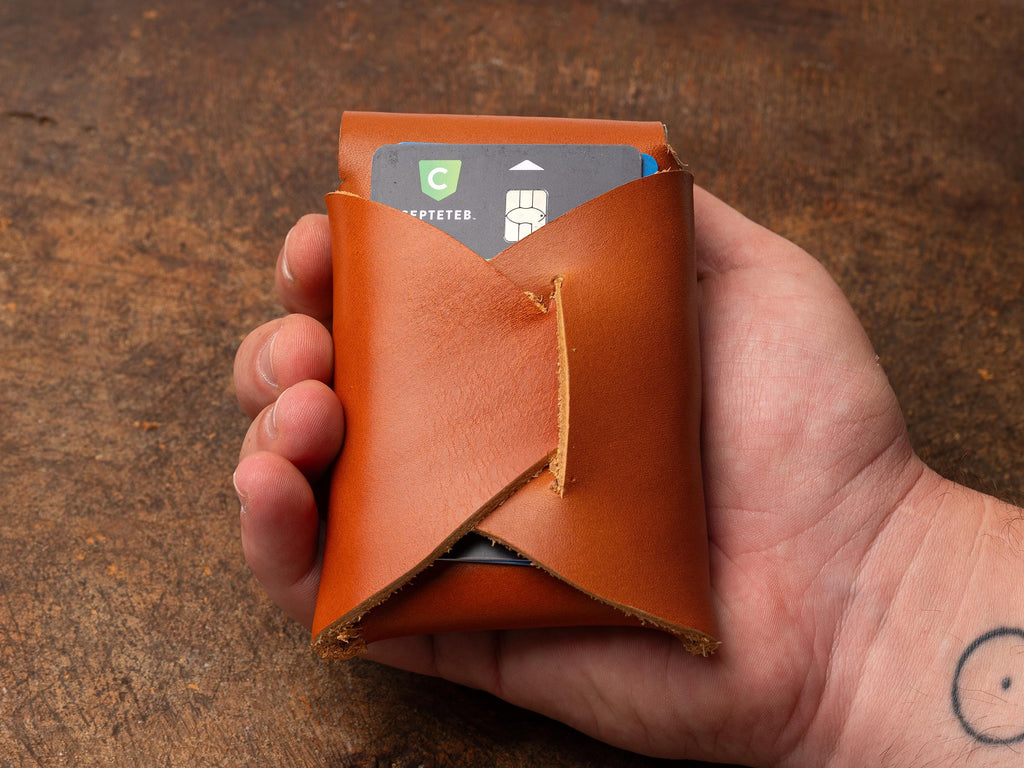Light Tobacco Leather Mini Wallet: Handmade Minimalist Pocket Wallet For Cards and Cash