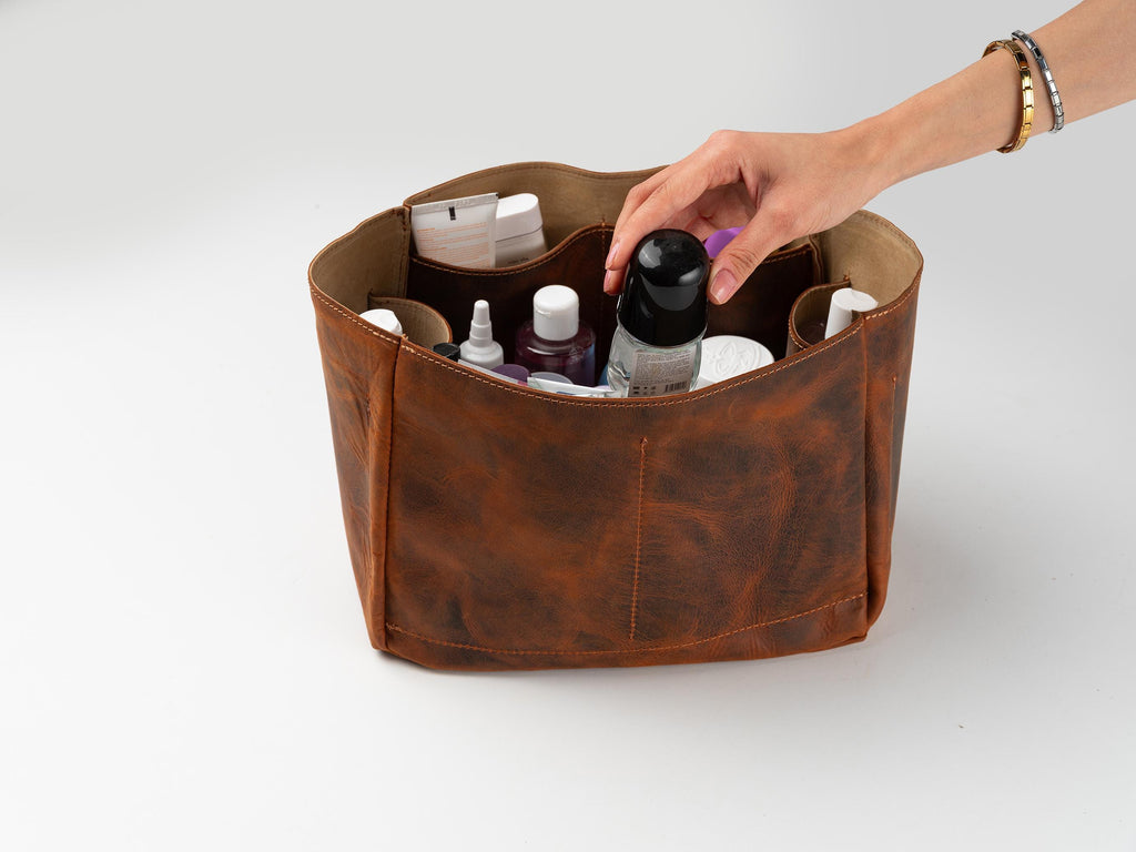 Distressed Leather Cosmetic Bag, Handmade Makeup Bag, Tote Bag Leather Insert, Toiletry Bag, Leather Makeup Case, Cosmetic Organizer, Large
