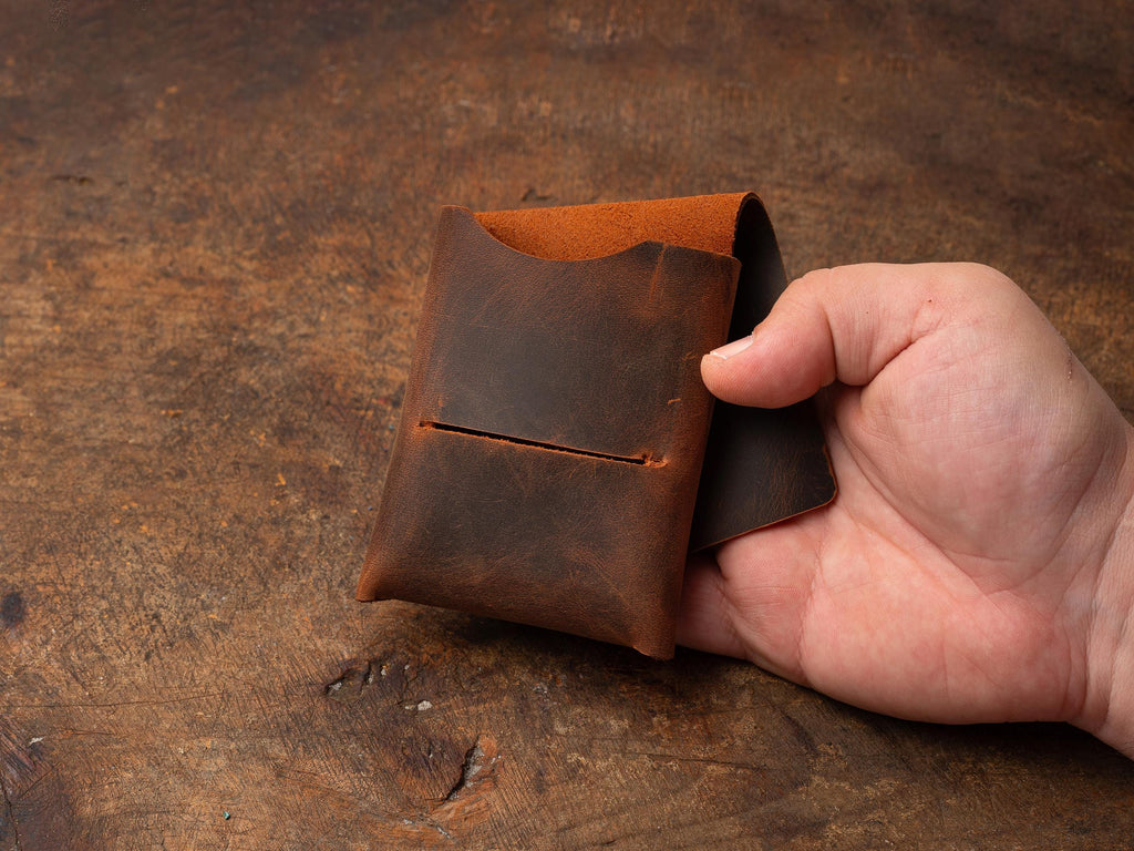 Tobacco Leather Mini Wallet: Handmade Minimalist Pocket Wallet For Cards and Cash