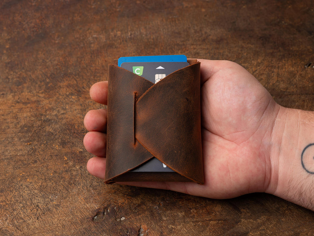 Tobacco Leather Mini Wallet: Handmade Minimalist Pocket Wallet For Cards and Cash