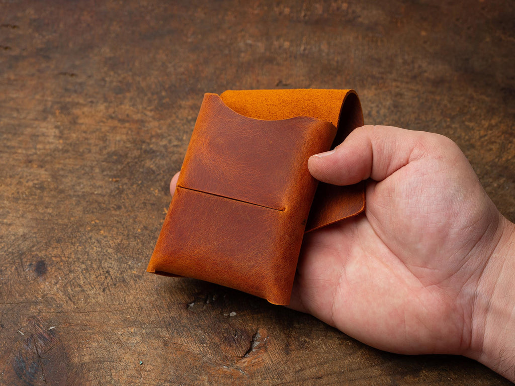 Camel Leather Mini Wallet: Handmade Minimalist Pocket Wallet For Cards and Cash