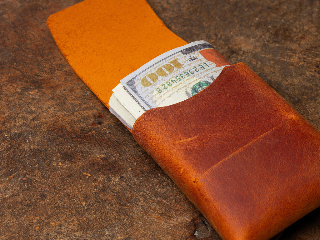 Camel Leather Mini Wallet: Handmade Minimalist Pocket Wallet For Cards and Cash
