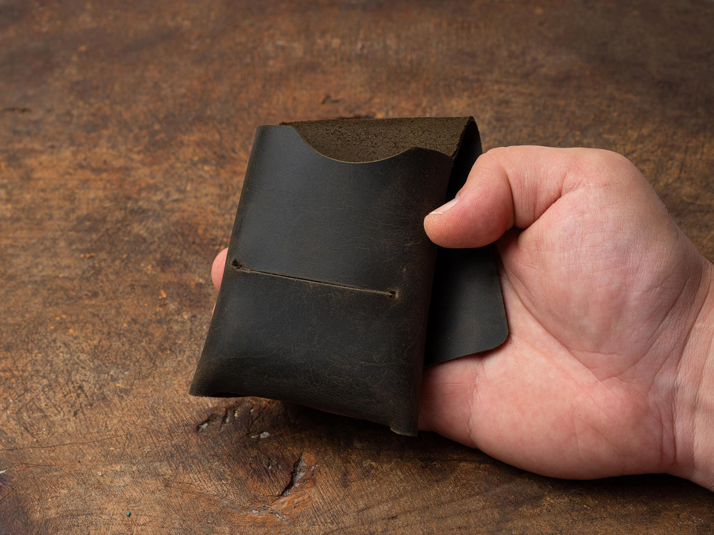 Olive Leather Mini Wallet: Handmade Minimalist Pocket Wallet For Cards and Cash