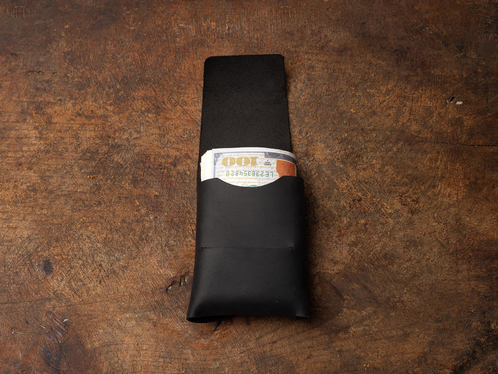 Black Leather Mini Wallet: Handmade Minimalist Pocket Wallet For Cards and Cash