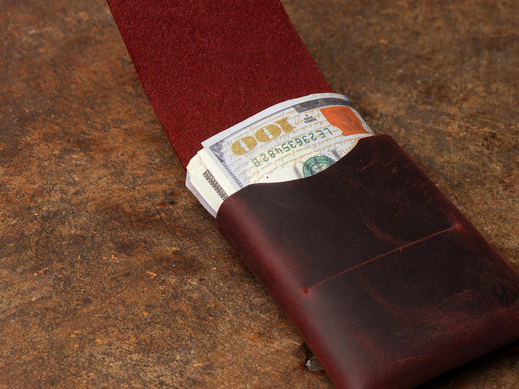Burgundy Leather Mini Wallet: Handmade Minimalist Pocket Wallet For Cards and Cash