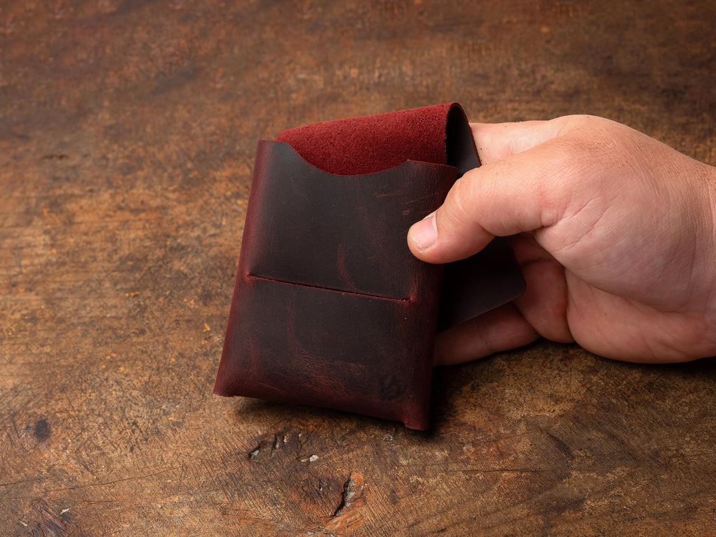 Burgundy Leather Mini Wallet: Handmade Minimalist Pocket Wallet For Cards and Cash
