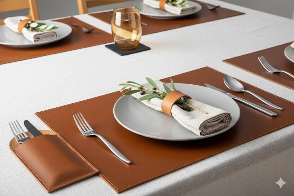 Genuine Distressed Leather Cutlery and Placemat Set, Dining Table Placemats, Personalized Placemat and Cutlery Sets For Cafe & Restaurants