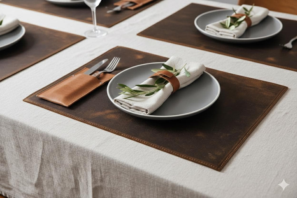Distressed Leather Placemat and Coasters Set, Handmade Placemats for Dining Table, Personalized Table Placemats, Set Of 6