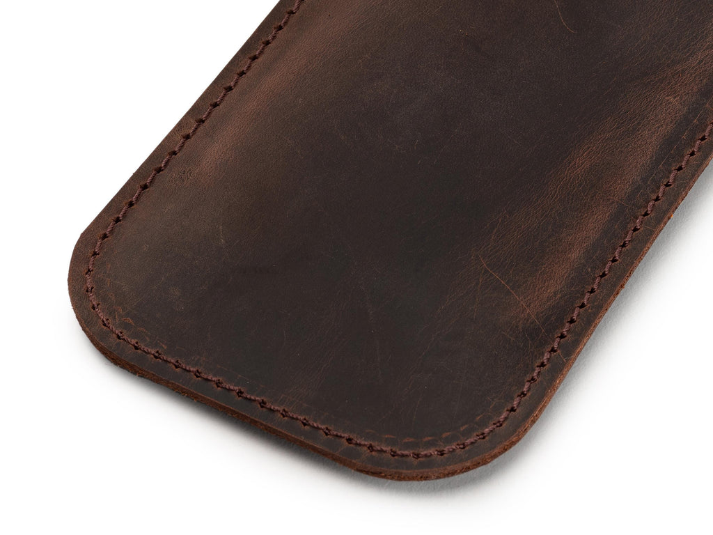 Handmade Chestnut Leather iPhone Pro Max Sleeve - Distressed Full Grain