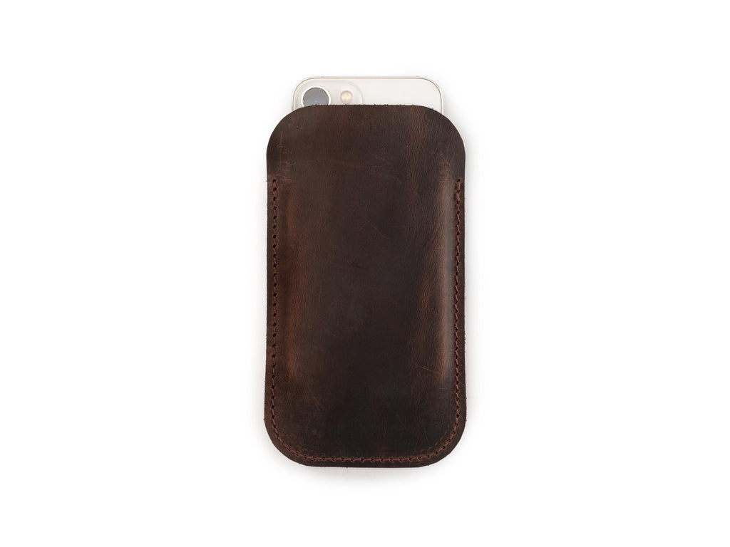 Handmade Chestnut Leather iPhone Pro Max Sleeve - Distressed Full Grain