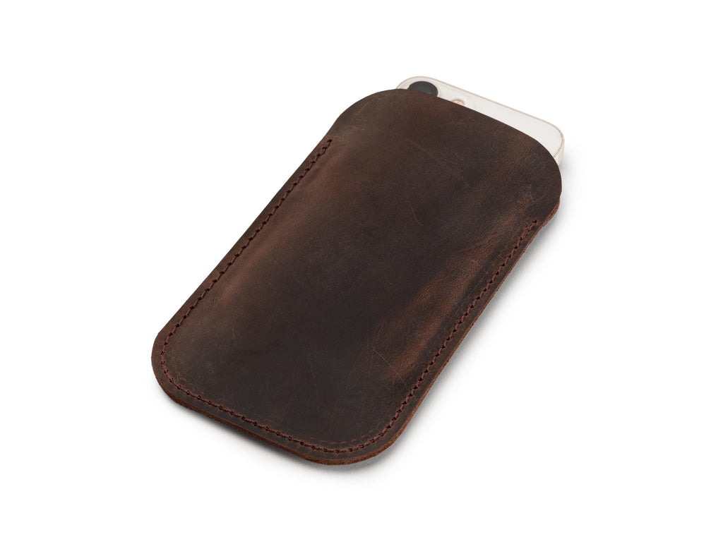 Handmade Chestnut Leather iPhone Pro Max Sleeve - Distressed Full Grain