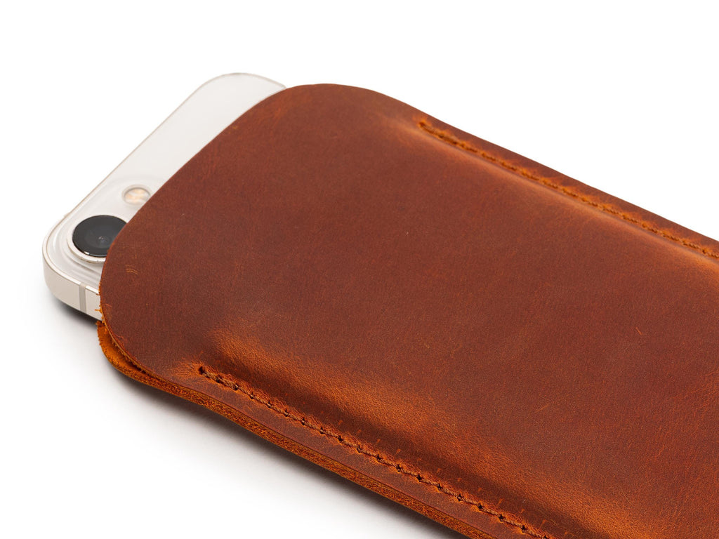Handmade Camel Leather iPhone Pro Max Sleeve: Distressed Full Grain Case