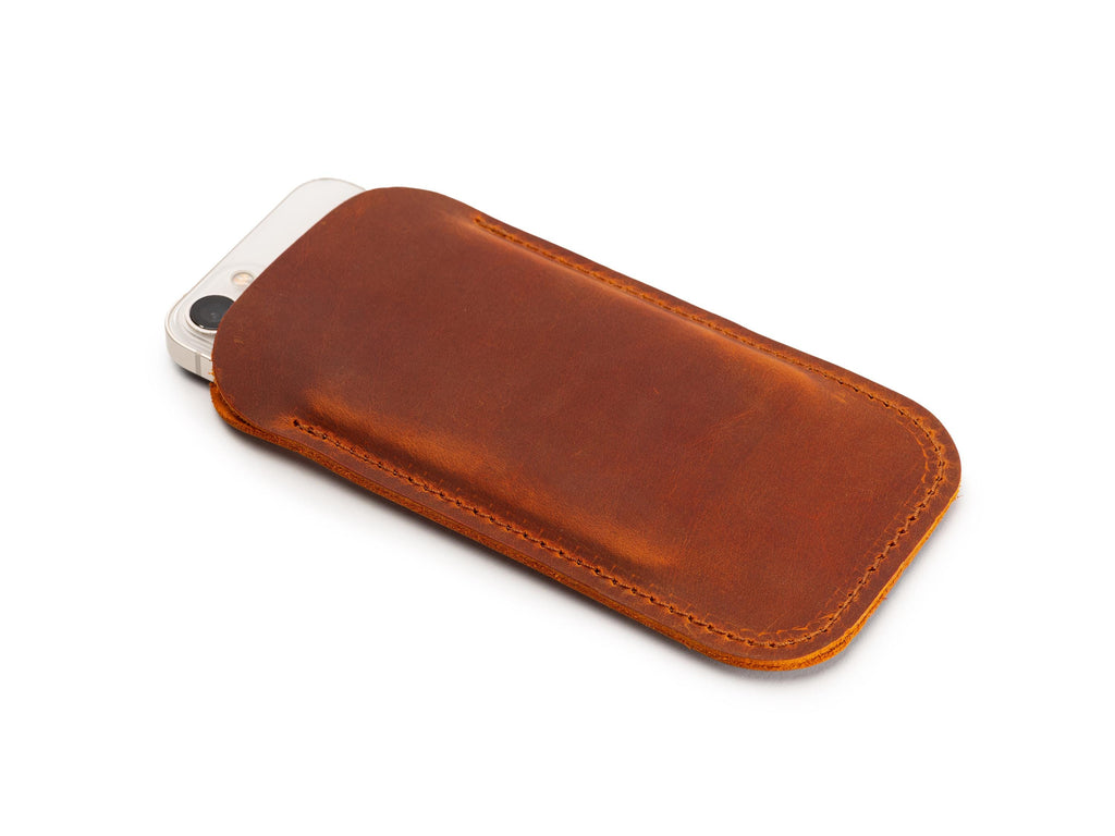 Handmade Camel Leather iPhone Pro Max Sleeve: Distressed Full Grain Case