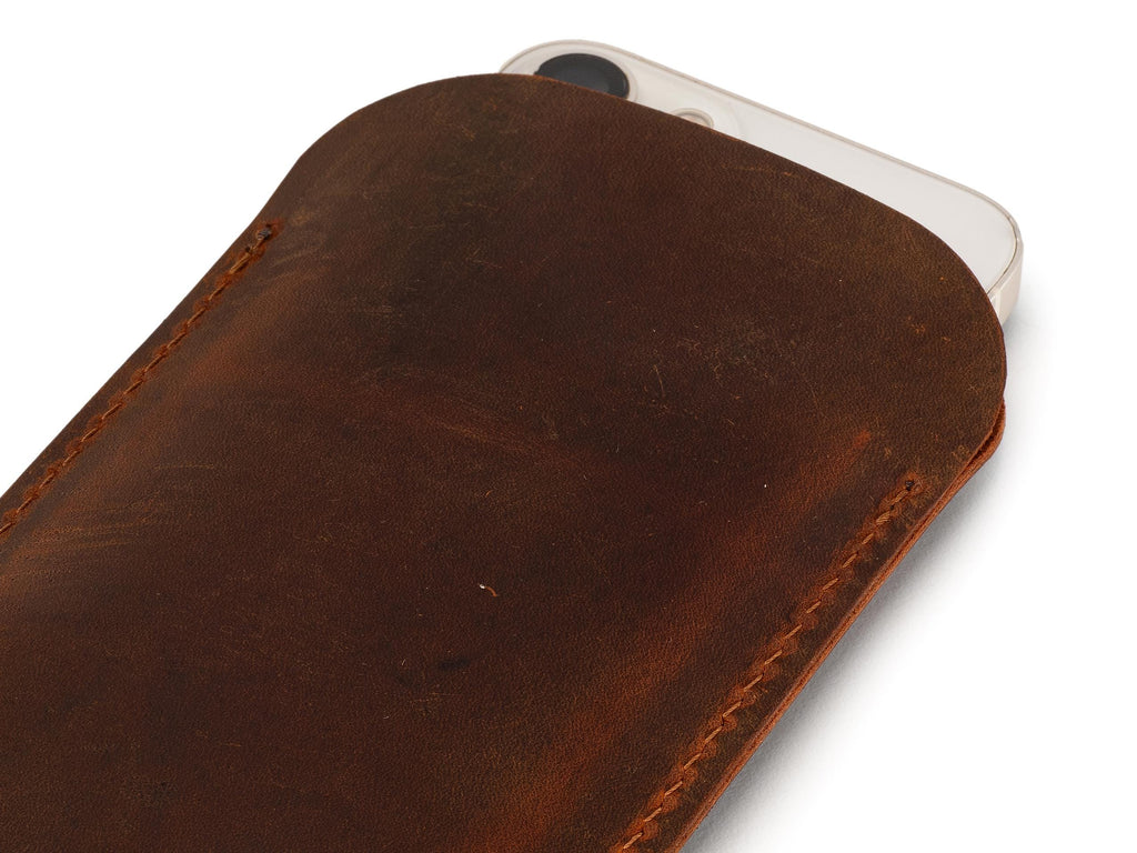Handmade Tobacco Leather iPhone Pro Max Sleeve: Distressed Full Grain Case