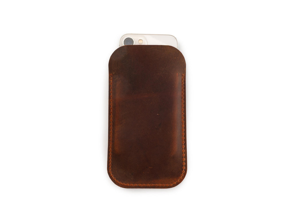 Handmade Tobacco Leather iPhone Pro Max Sleeve: Distressed Full Grain Case