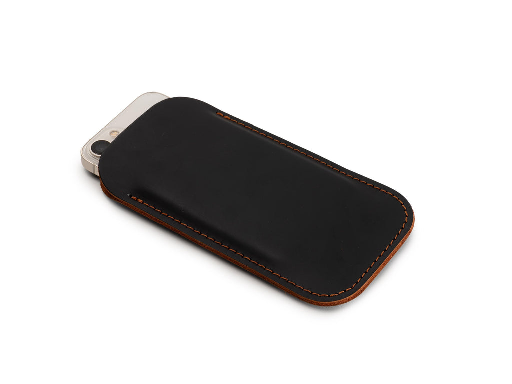 Handmade Leather iPhone Pro Max Sleeve: Black & Tobacco Duo-Color Case
