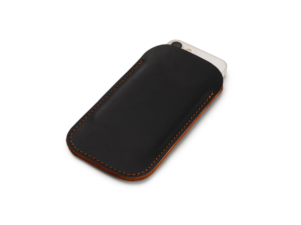 Handmade Leather iPhone Pro Max Sleeve: Black & Tobacco Duo-Color Case