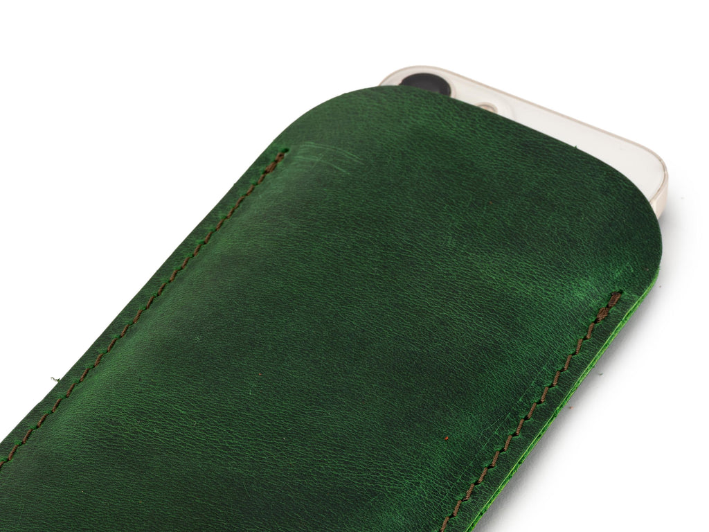 Green Leather iPhone Pro Max Sleeve: Handmade Distressed Case
