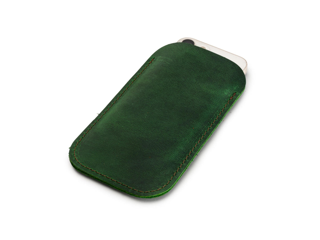 Green Leather iPhone Pro Max Sleeve: Handmade Distressed Case