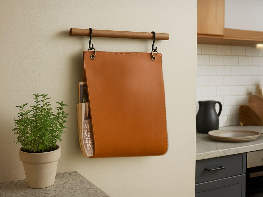 Handmade Leather Wall Rack: Magazine & Accessory Organizer