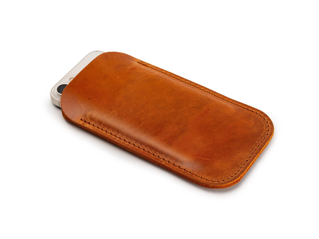 Handmade Leather iPhone Pro Max Sleeve: Customizable Dublin Tan Case