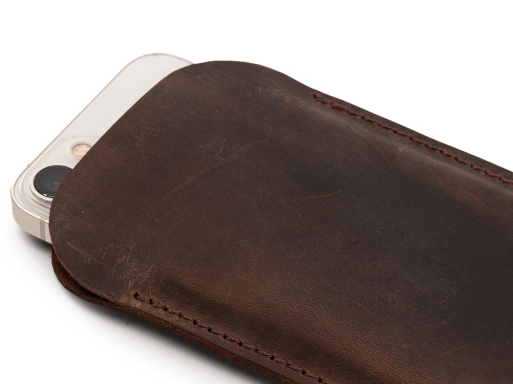 Handmade Chestnut Leather iPhone Pro Max Sleeve - Distressed Full Grain