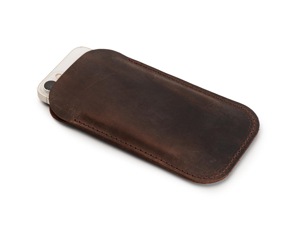 Handmade Chestnut Leather iPhone Pro Max Sleeve - Distressed Full Grain