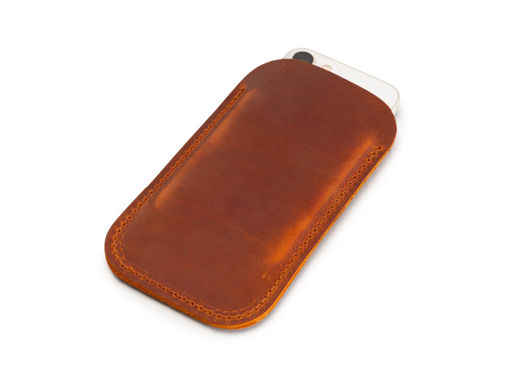 Handmade Camel Leather iPhone Pro Max Sleeve: Distressed Full Grain Case