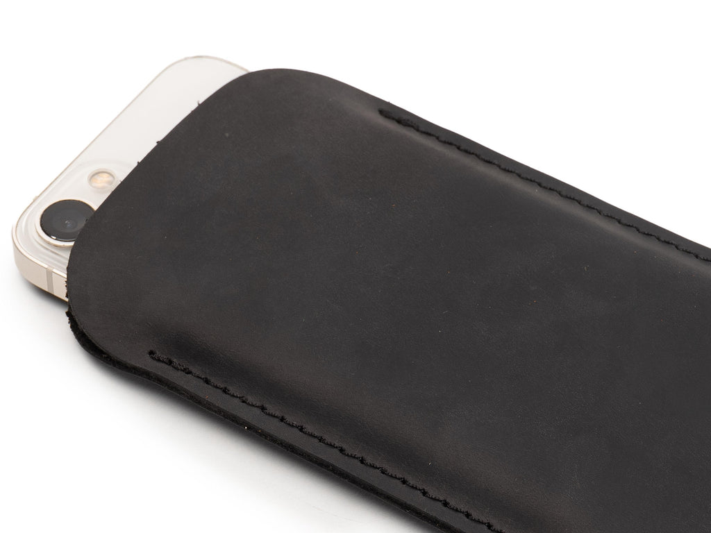 Matte Black Leather iPhone Pro Max Sleeve: Handmade Distressed Case