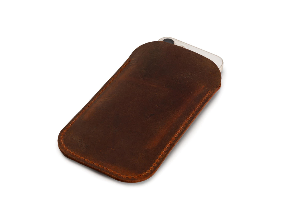 Handmade Tobacco Leather iPhone Pro Max Sleeve: Distressed Full Grain Case