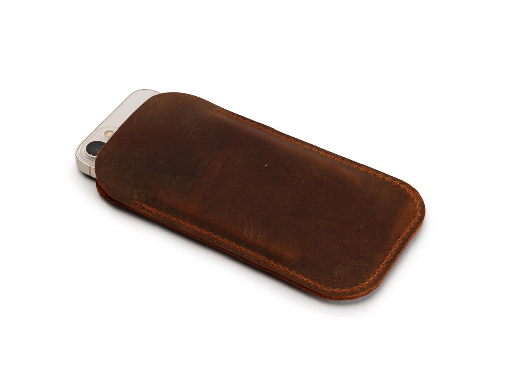 Handmade Tobacco Leather iPhone Pro Max Sleeve: Distressed Full Grain Case