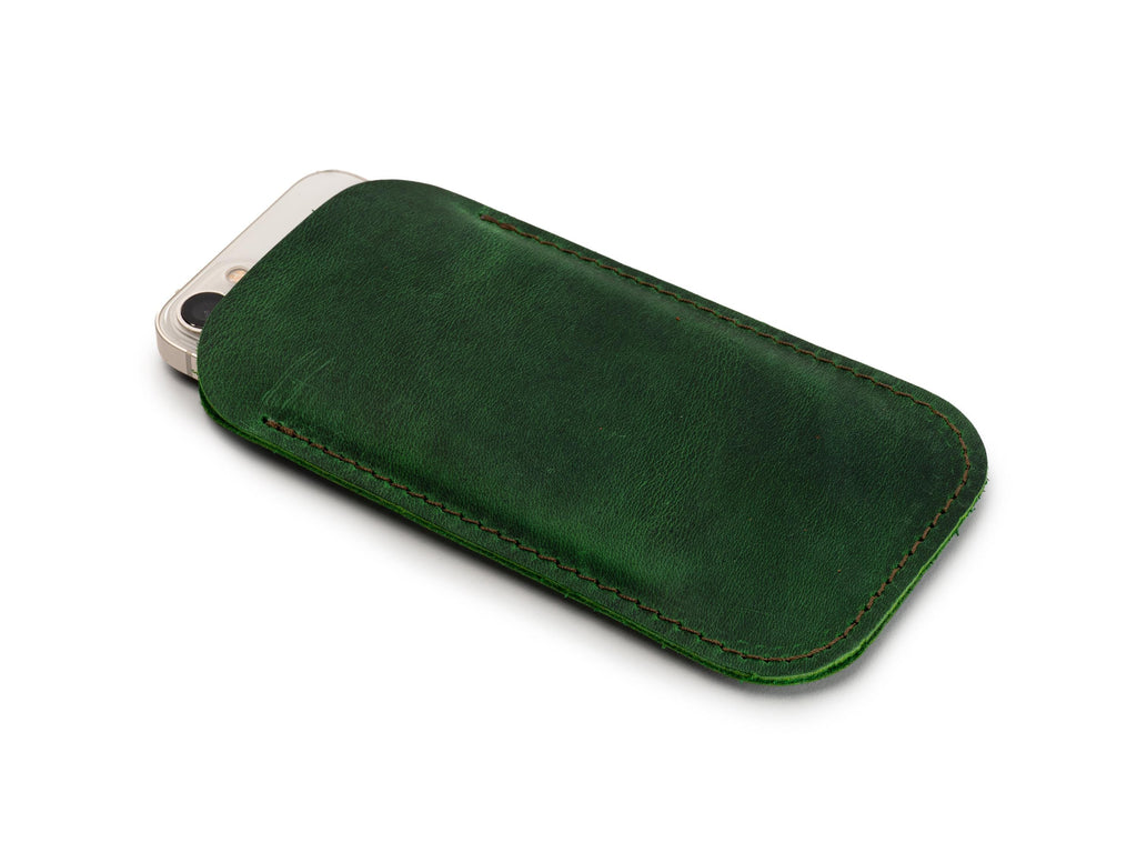 Green Leather iPhone Pro Max Sleeve: Handmade Distressed Case