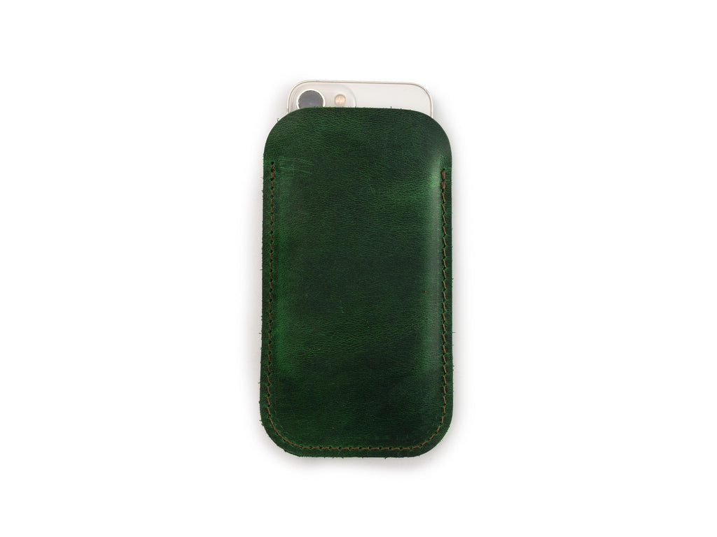 Green Leather iPhone Pro Max Sleeve: Handmade Distressed Case