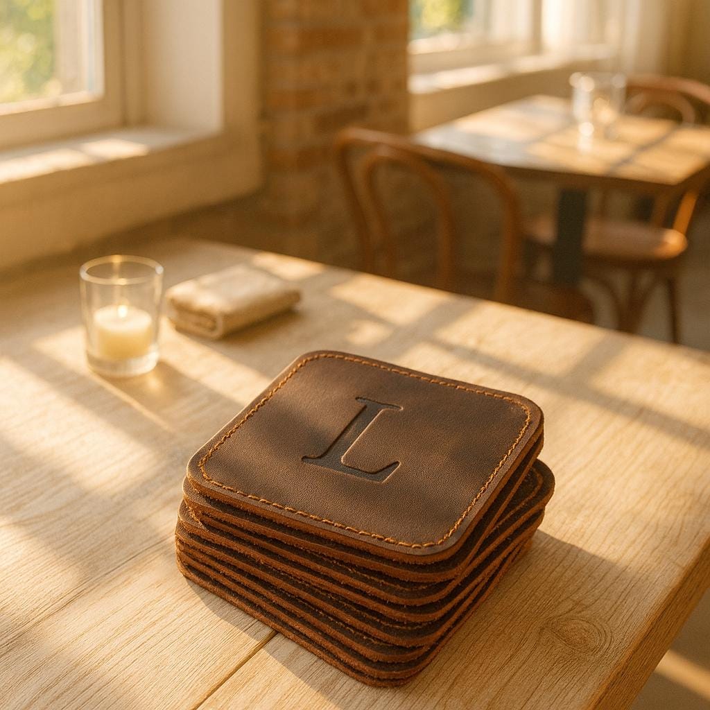 Distressed Leather Coasters, Handmade Personalized Table Coasters - Square and Stitched (Set of 6)