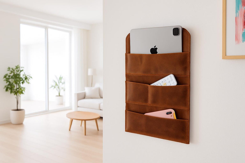 Distressed Leather Wall Organizer, Handmade Wall Rack For Home, Cafe & Office Storage, 4-Pocket Wall Rack