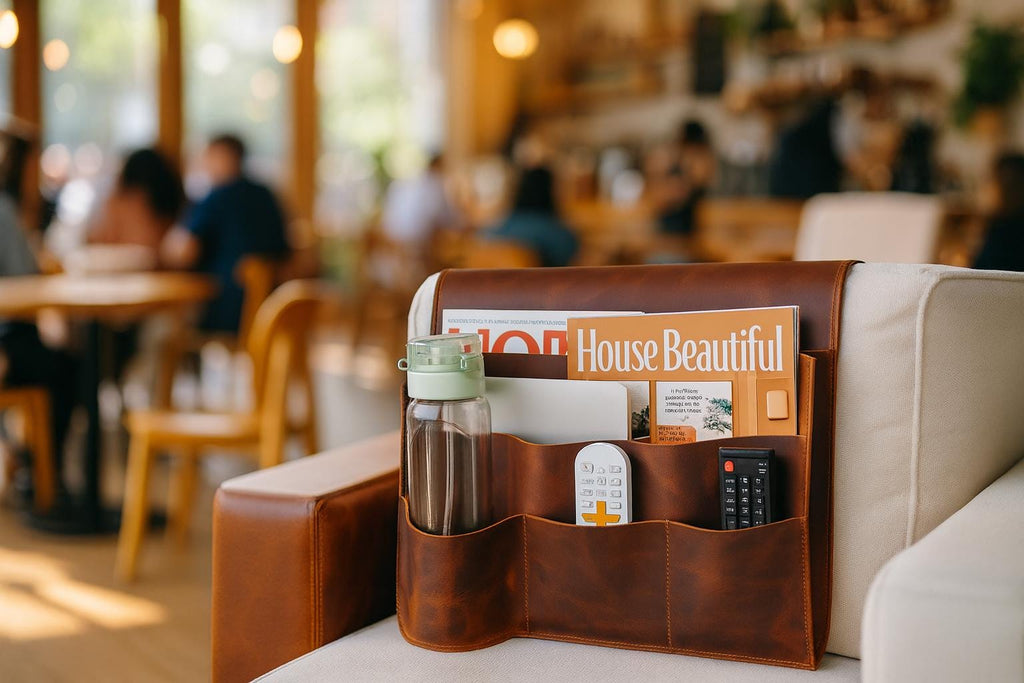 Handmade Leather Sofa Armrest Organizer: Couch Caddy with 5 Pockets for Magazines, Tablets, Remotes