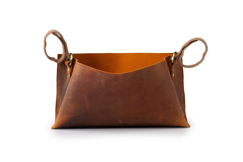 Handmade Leather Storage Basket: Boho Organizer Bin Home Decor